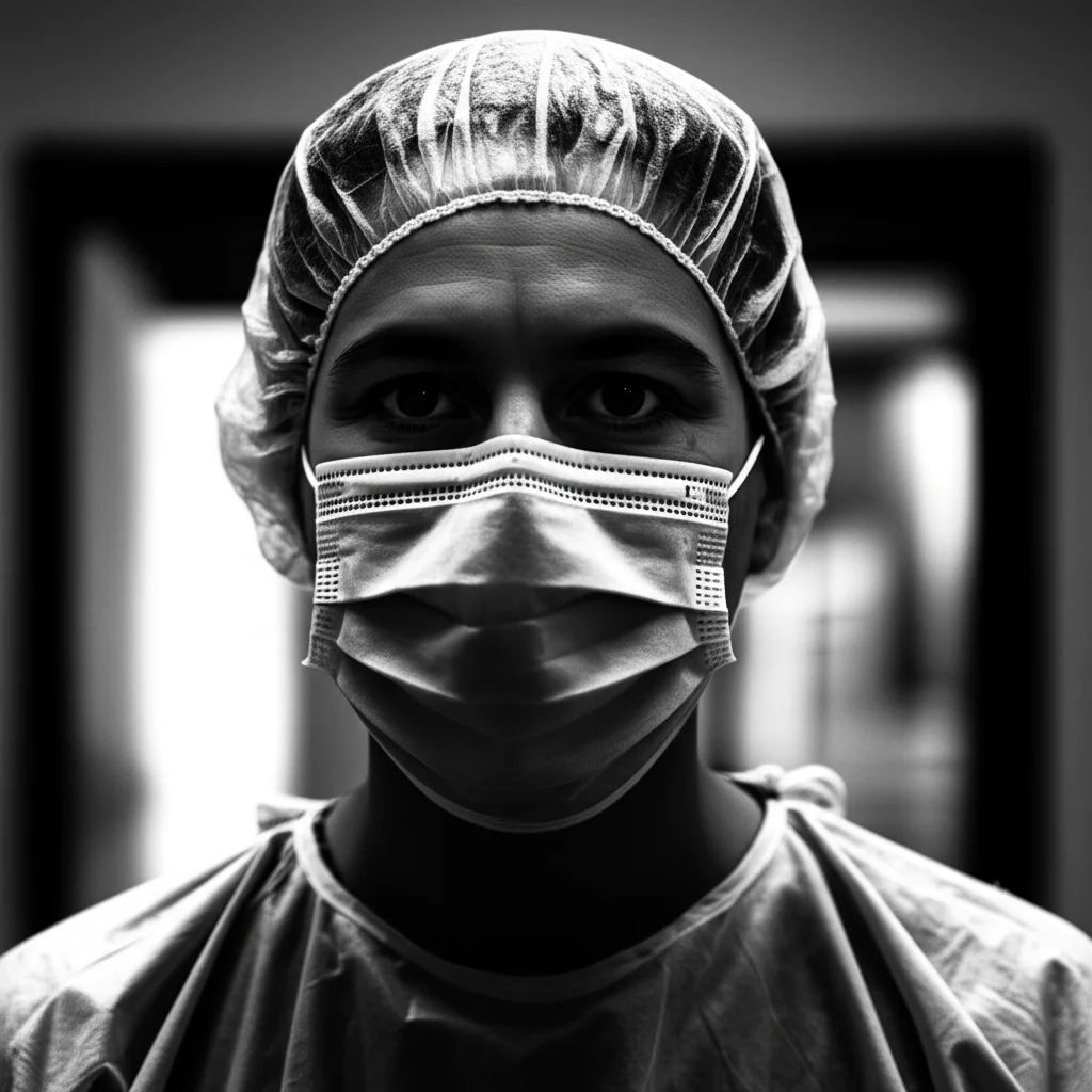 Fotografia di ritratto (obiettivo 35mm) di un operatore sanitario con mascherina, espressione stanca ma determinata, in bianco e nero con forte contrasto (film noir style), profondità di campo ridotta per isolarlo leggermente dallo sfondo sfocato di un ospedale, simboleggiando il peso dello stigma anche sugli operatori.