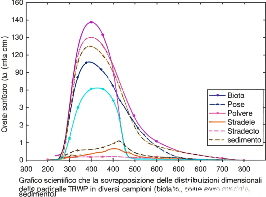 Grafico scientifico che mostra la sovrapposizione delle distribuzioni dimensionali delle particelle TRWP in diversi campioni (biota, polvere stradale, sedimento), immagine macro 60mm, alta definizione, illuminazione neutra.