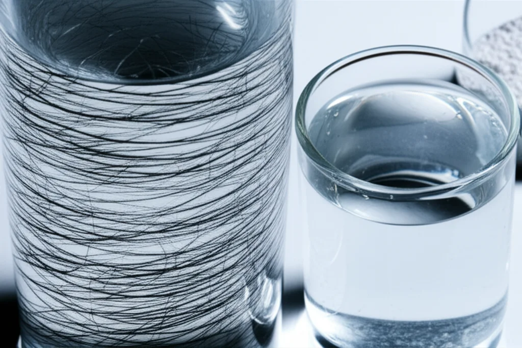 Macro fotografia, 100mm lens, che mostra la texture granulosa di un campione di malta rinforzata con fibre d'acciaio, alcune fibre sporgono leggermente dalla superficie grigia. Accanto, un bicchiere contenente acqua di mare limpida e un mucchietto di polvere di vetro bianca finissima. Illuminazione controllata, alta definizione, per evidenziare i componenti chiave della ricerca.