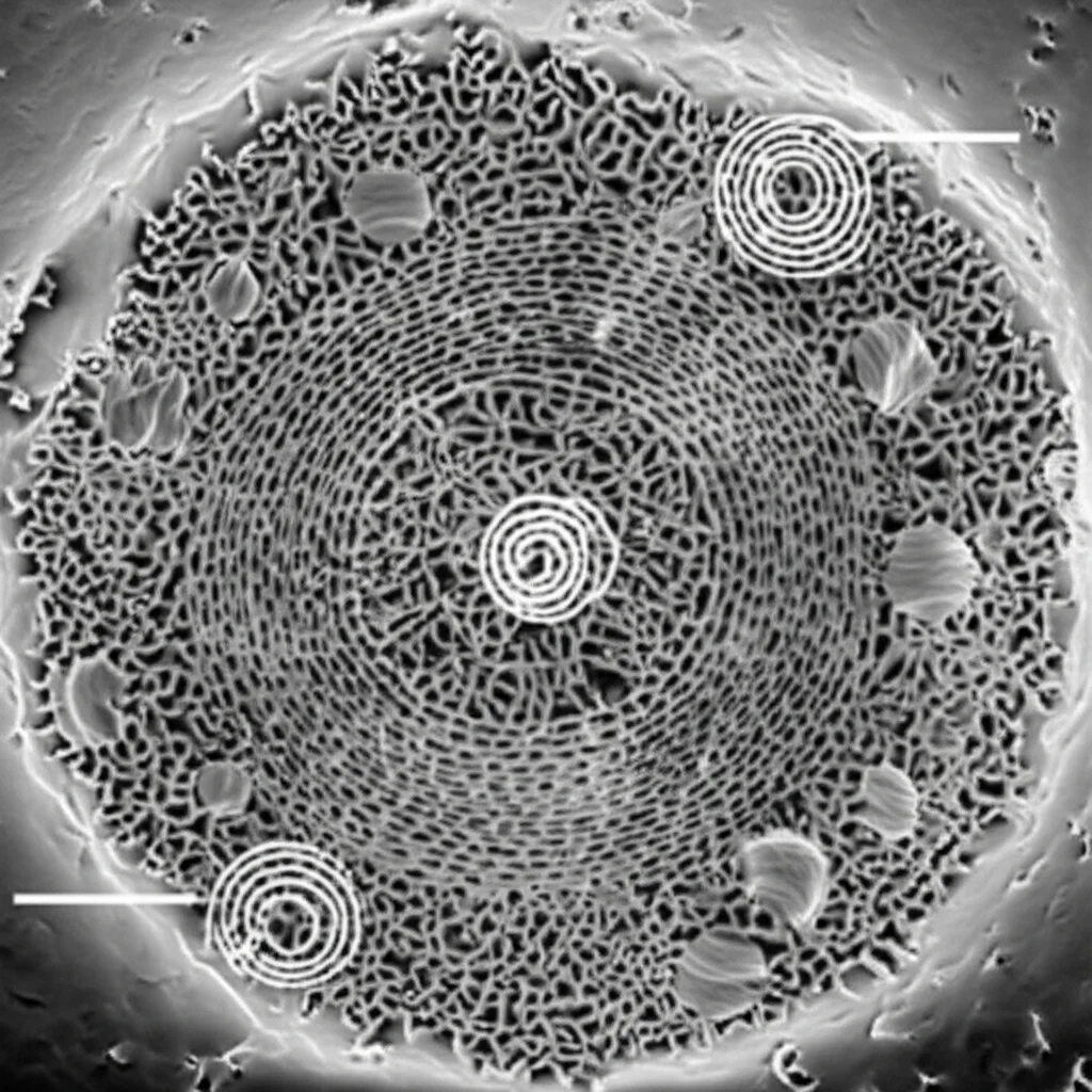 Immagine fotorealistica stile SEM (microscopio elettronico a scansione), bianco e nero, che mostra una fibra d'acciaio cilindrica immersa in una matrice cementizia. Evidenziare la zona di transizione interfacciale (ITZ) attorno alla fibra, mostrando una microstruttura leggermente diversa (più porosa o con cristalli orientati) rispetto alla matrice più lontana. Aggiungere sovrapposizioni grafiche stilizzate (cerchi concentrici o linee) per indicare l'analisi a strisce. Alta definizione, illuminazione simulata da elettroni.