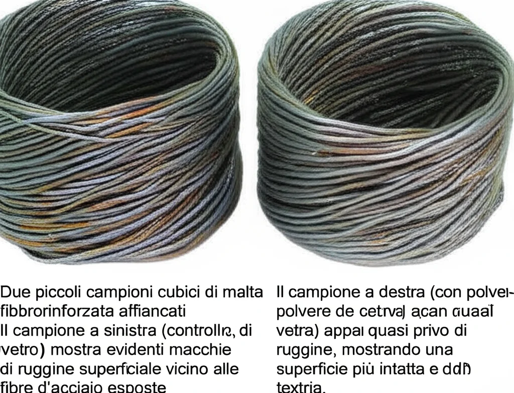 Fotografia comparativa, still life, macro lens 60mm. Due piccoli campioni cubici di malta fibrorinforzata affiancati. Il campione a sinistra (controllo, senza polvere di vetro) mostra evidenti macchie di ruggine superficiale vicino alle fibre d'acciaio esposte. Il campione a destra (con polvere di vetro) appare quasi privo di ruggine, mostrando una superficie più intatta e grigia. Illuminazione controllata per evidenziare i dettagli della corrosione e della texture. Alta definizione.