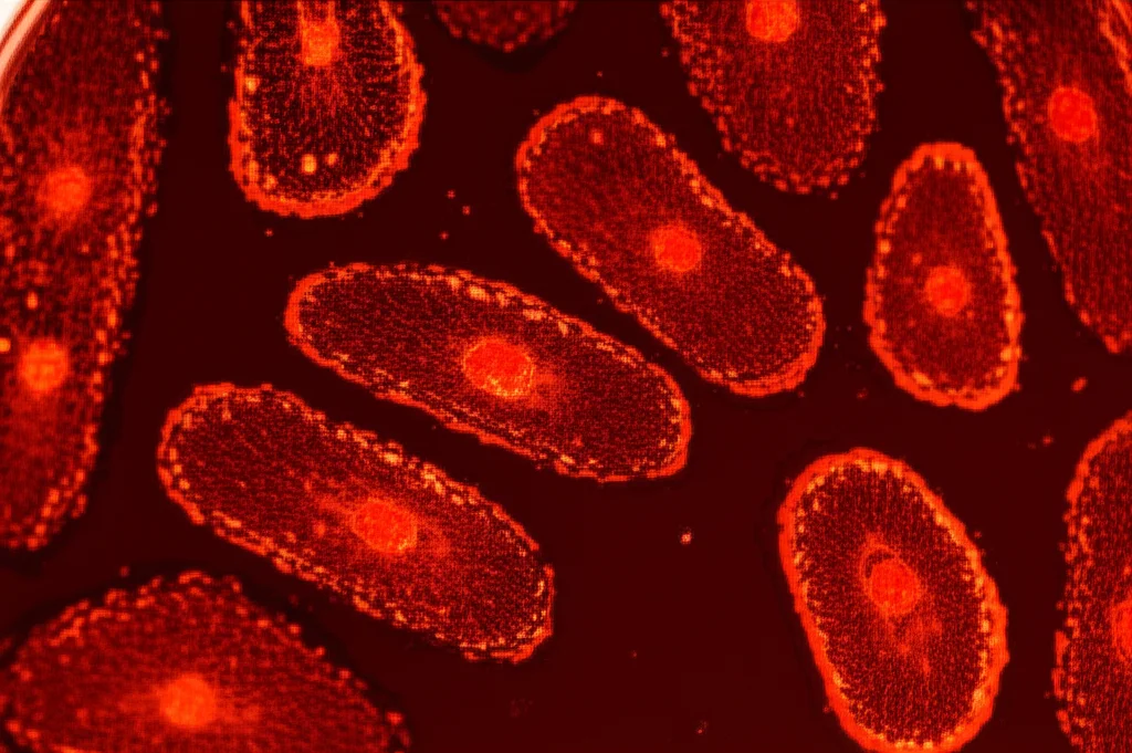 Fotografia macro di cellule epiteliali mammarie bovine (MAC-T) in una piastra di Petri sotto un microscopio. Illuminazione controllata per evidenziare le strutture cellulari, focus preciso sui dettagli cellulari, obiettivo macro 100mm, alta definizione.