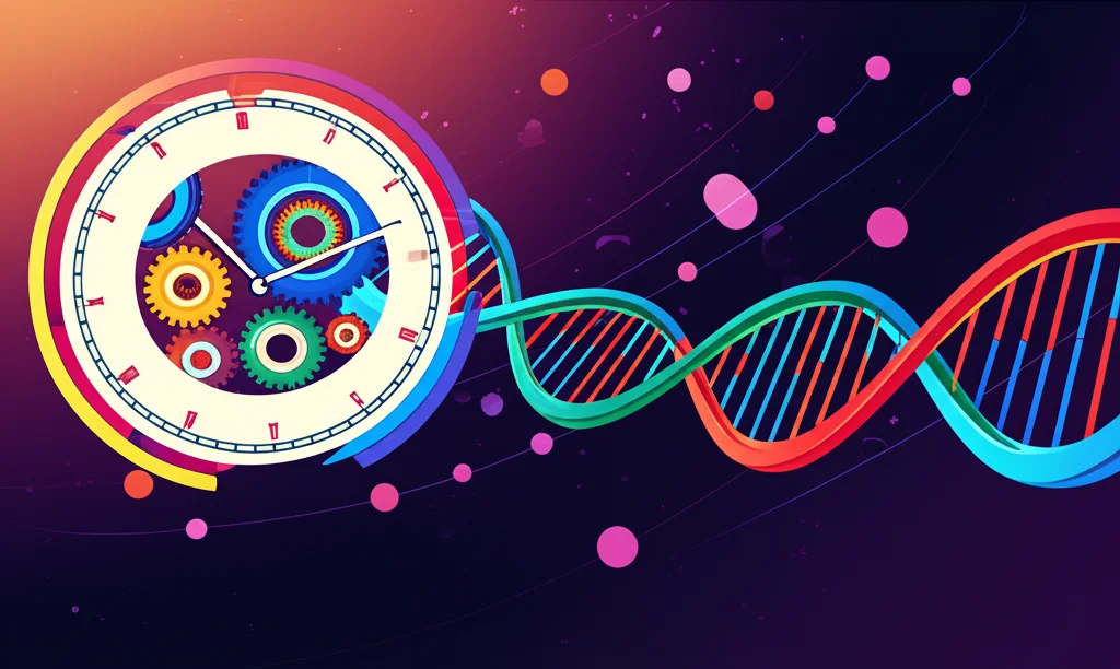 Illustrazione concettuale astratta di un orologio biologico disturbato, con ingranaggi che non si incastrano correttamente e spirali di DNA sullo sfondo. Colori vivaci ma leggermente caotici per rappresentare la disfunzione, stile grafico moderno.