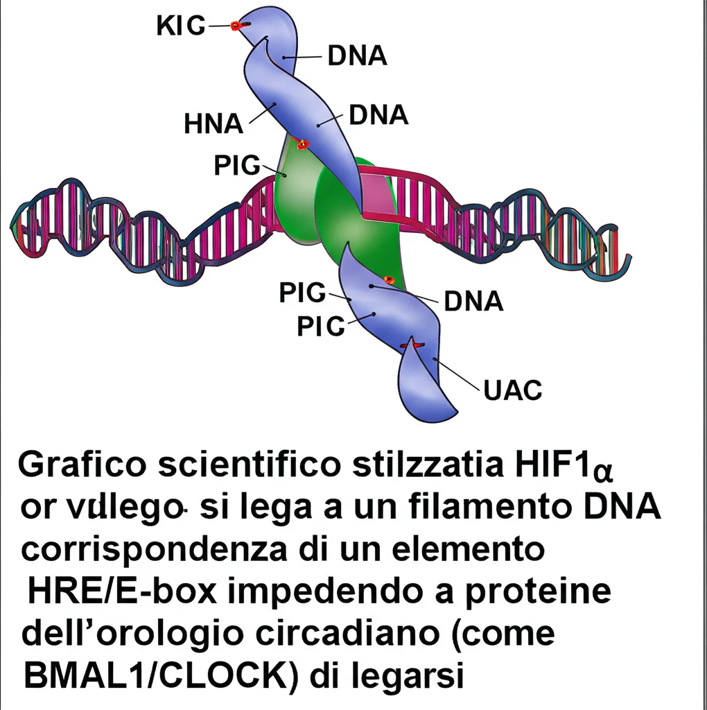 Grafico scientifico stilizzato che mostra la proteina HIF1α che si lega a un filamento di DNA in corrispondenza di un elemento HRE/E-box, impedendo a proteine dell'orologio circadiano (come BMAL1/CLOCK) di legarsi. Focus sui dettagli molecolari, colori contrastanti per evidenziare le diverse molecole.