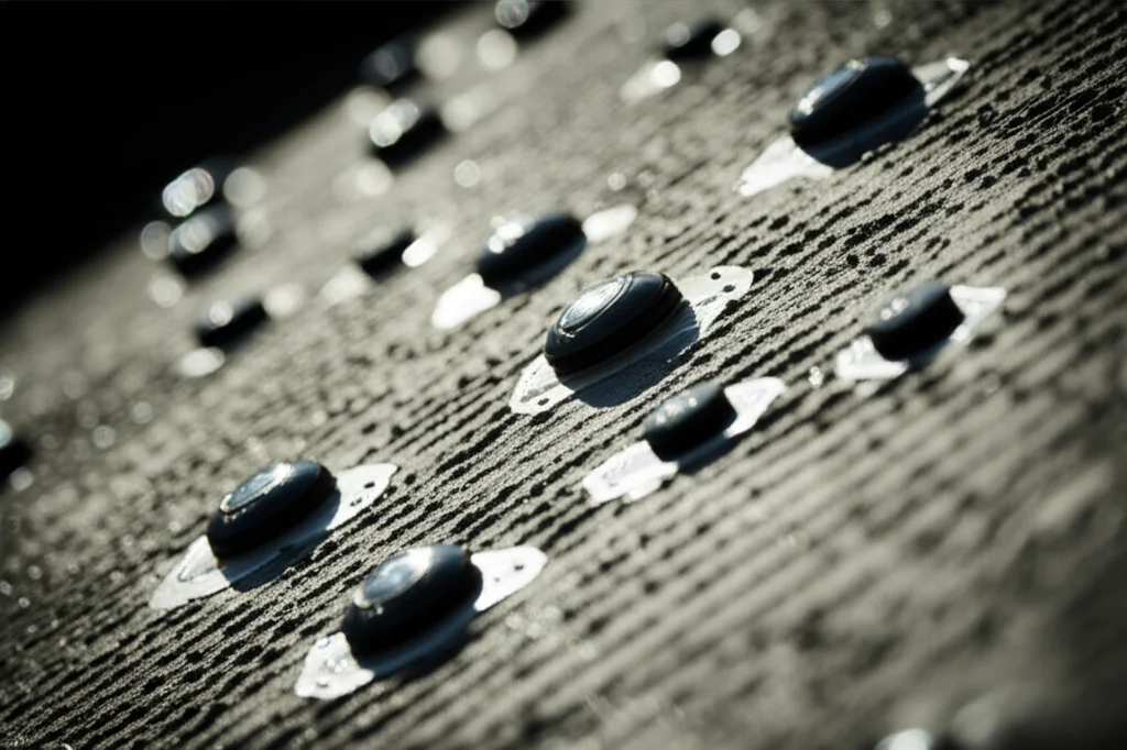 Fotografia macro, obiettivo 85mm, di multipli sensori di vibrazione piezoelettrici montati su una superficie curva di cemento grezzo di una diga. Illuminazione laterale controllata per creare ombre e accentuare la texture. Alta definizione, messa a fuoco selettiva su un sensore in primo piano, altri leggermente sfocati sullo sfondo. Colori naturali ma leggermente desaturati.