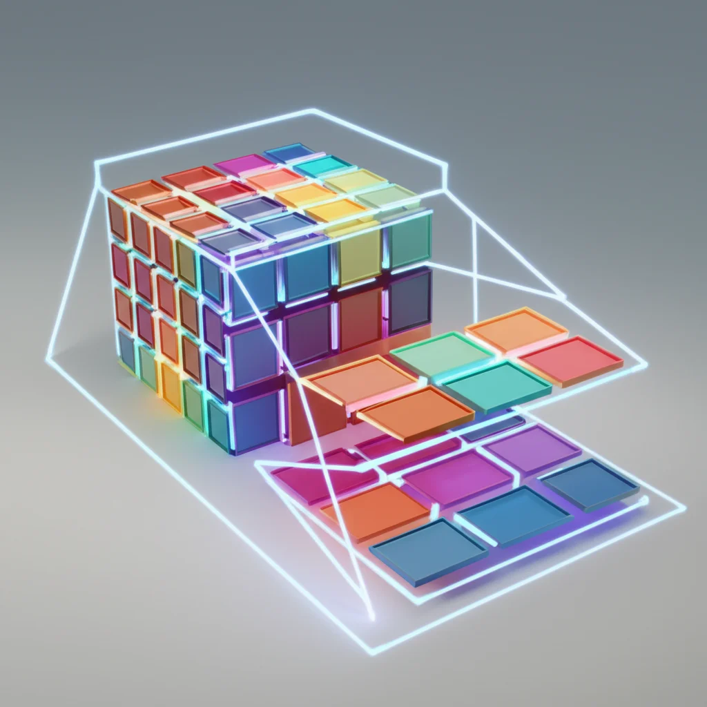 Visualizzazione astratta 3D, stile infografica fotorealistica, che mostra il concetto di decomposizione di Tucker. Un cubo di dati colorato (tensore originale) viene scomposto in un cubo centrale più piccolo e tre matrici piatte che si estendono lungo gli assi. Linee luminose collegano gli elementi. Sfondo neutro e pulito. Illuminazione morbida da studio.