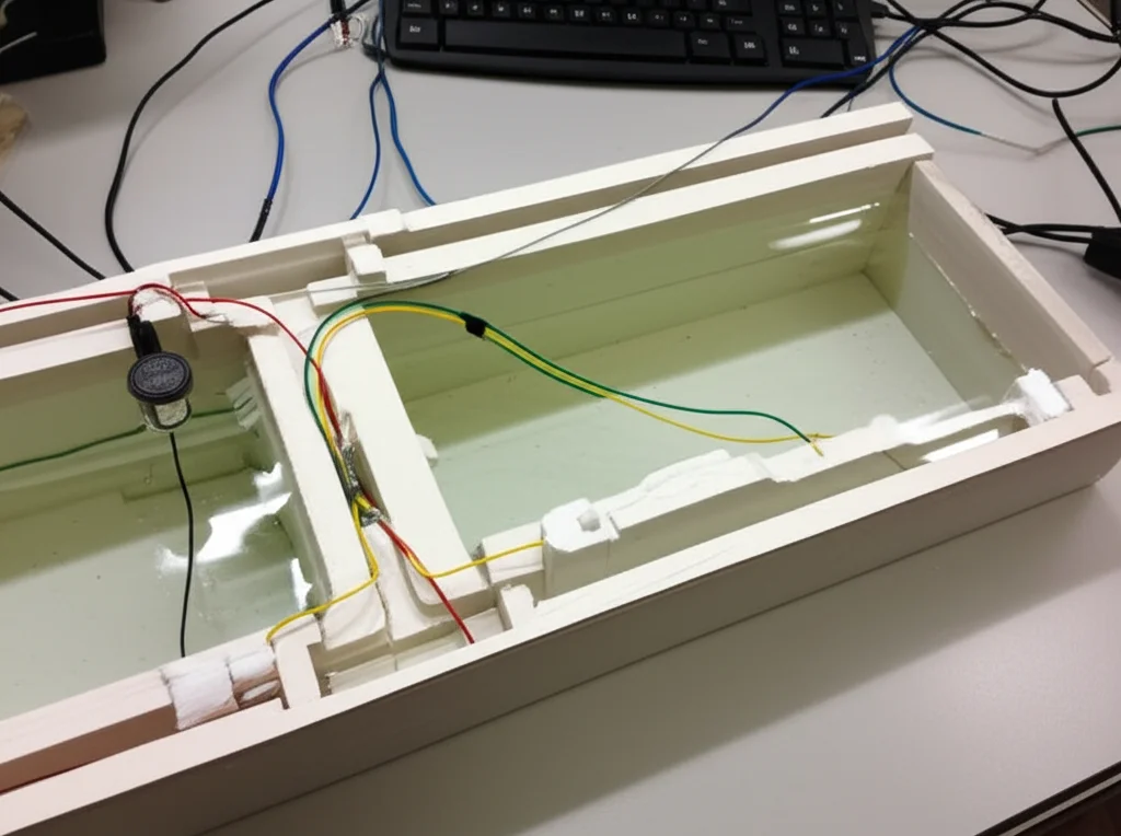 Fotografia di laboratorio, obiettivo 50mm, del modello in scala della chiusa idraulica utilizzata nell'esperimento. Si vede chiaramente la struttura della chiusa, l'acqua e i cavi dei sensori collegati. Illuminazione da laboratorio, sfondo leggermente sfocato per concentrarsi sul modello. Dettagli nitidi sul modello e sull'acqua in movimento.