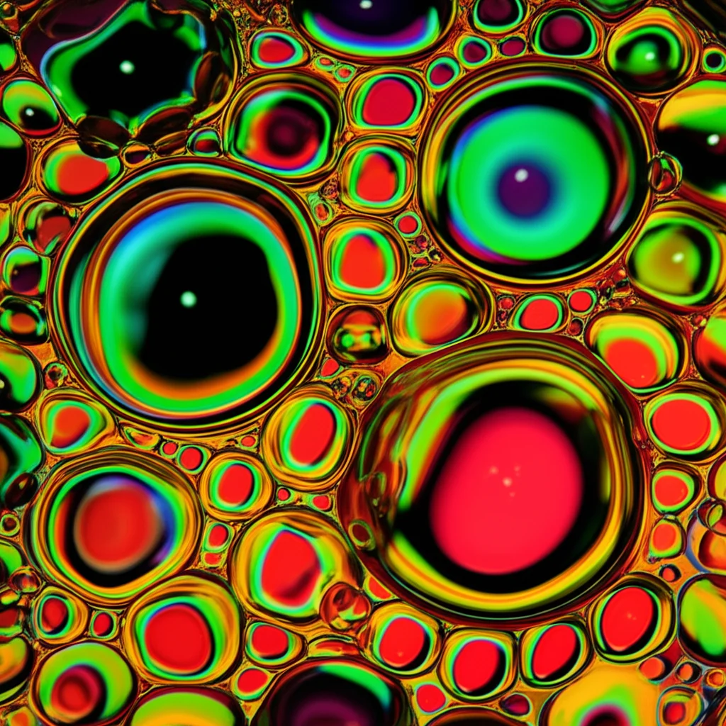 Macro fotografia di gocce d'acqua colorate che si mescolano su una superficie scura, simboleggiando il cocktail di PFAS a cui siamo esposti. Obiettivo macro 90mm, alta definizione, illuminazione drammatica controllata per enfatizzare i colori e le forme fluide.