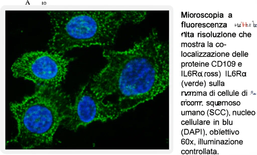 Microscopia a fluorescenza ad alta risoluzione che mostra la co-localizzazione delle proteine CD109 (rosso) e IL6Rα (verde) sulla membrana di cellule di carcinoma squamoso umano (SCC), nucleo cellulare in blu (DAPI), obiettivo 60x, illuminazione controllata.