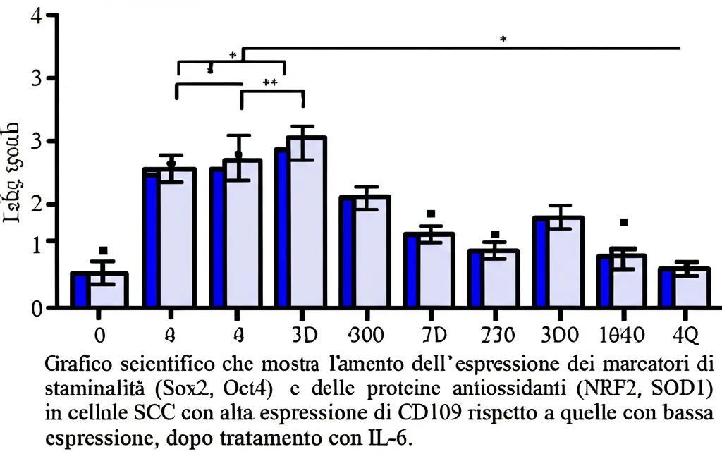 Grafico scientifico che mostra l'aumento dell'espressione dei marcatori di staminalità (Sox2, Oct4) e delle proteine antiossidanti (NRF2, SOD1) in cellule SCC con alta espressione di CD109 rispetto a quelle con bassa espressione, dopo trattamento con IL-6. Dettaglio elevato, colori distinti per le barre.