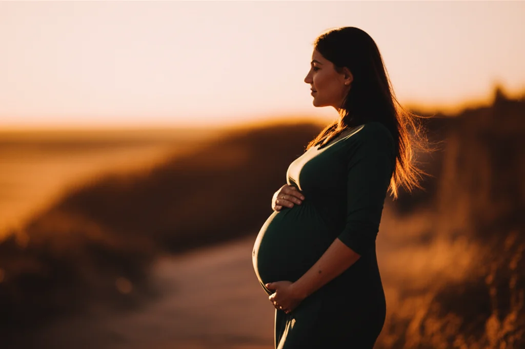 Ritratto di una donna incinta che si tocca delicatamente il pancione, guardando verso l'orizzonte con espressione serena ma consapevole. Obiettivo 85mm, luce dorata del tramonto, profondità di campo ridotta, stile cinematografico.