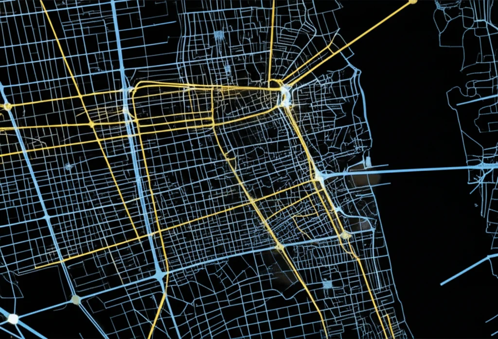 Visualizzazione astratta di due reti complesse sovrapposte a una mappa stilizzata di un'area urbana. Una rete blu (morfologica) appare rada e con connessioni sottili. L'altra rete arancione (vitalità) mostra alcuni nodi più grandi e luminosi e cluster più densi. Infografica high-tech, sfondo scuro, linee luminose.