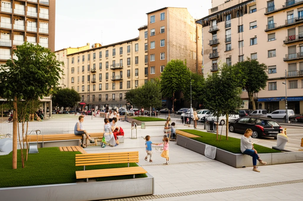 Un piccolo spazio pubblico rivitalizzato in un contesto urbano denso. Panchine moderne, aiuole con verde curato, pavimentazione nuova, alcune persone sedute che chiacchierano, bambini che giocano. Sullo sfondo, edifici più vecchi e densi. Obiettivo grandangolare 24mm, luce calda del tardo pomeriggio, messa a fuoco nitida, atmosfera accogliente.