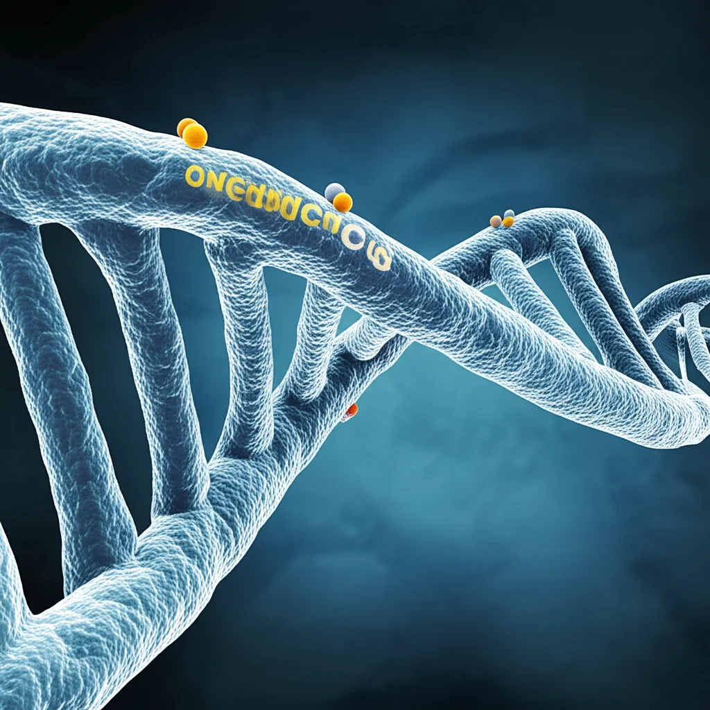 Fotografia macro ad alta definizione di un filamento di DNA bovino, con evidenziazione schematica dei gruppi metilici (epigenetica) attaccati ai siti CpG, illuminazione controllata per dettagli precisi, obiettivo macro 100mm.