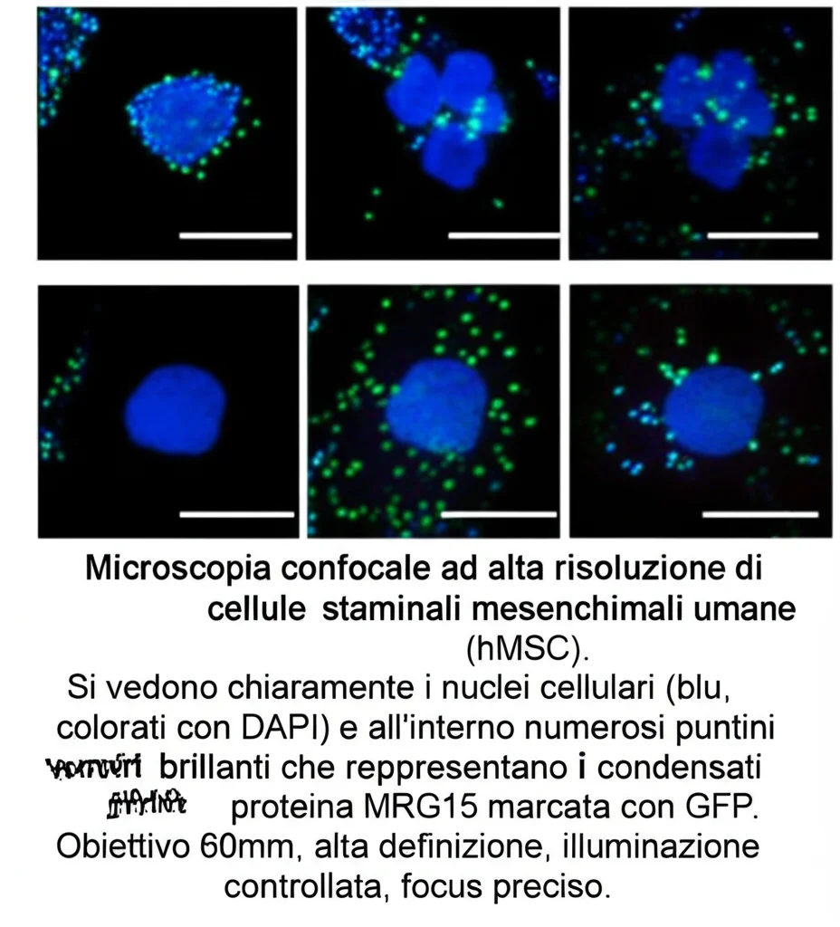 Microscopia confocale ad alta risoluzione di cellule staminali mesenchimali umane (hMSC). Si vedono chiaramente i nuclei cellulari (blu, colorati con DAPI) e all'interno numerosi puntini verdi brillanti che rappresentano i condensati della proteina MRG15 marcata con GFP. Obiettivo 60mm, alta definizione, illuminazione controllata, focus preciso.