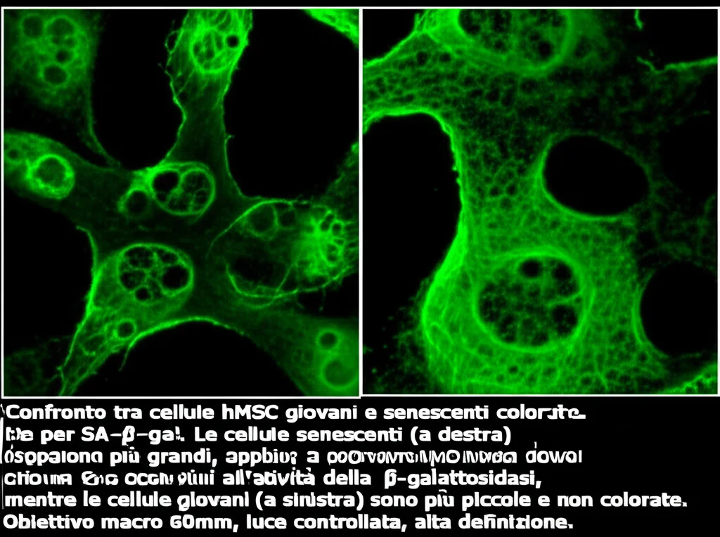 Confronto tra cellule hMSC giovani e senescenti colorate per SA-β-gal. Le cellule senescenti (a destra) appaiono più grandi, appiattite e mostrano una colorazione blu intensa dovuta all'attività della β-galattosidasi, mentre le cellule giovani (a sinistra) sono più piccole e non colorate. Obiettivo macro 60mm, luce controllata, alta definizione.