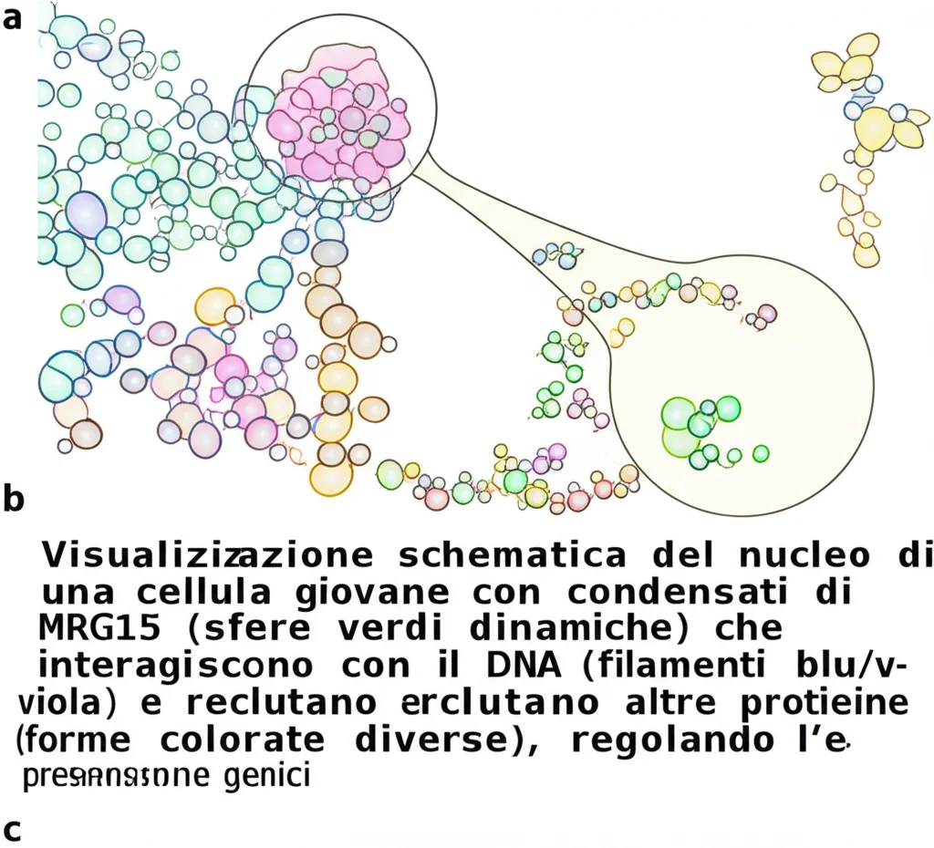 Visualizzazione schematica del nucleo di una cellula giovane con condensati di MRG15 (sfere verdi dinamiche) che interagiscono con il DNA (filamenti blu/viola) e reclutano altre proteine (forme colorate diverse), regolando l'espressione genica. Stile diagrammatico ma fotorealistico, profondità di campo, colori vivaci.
