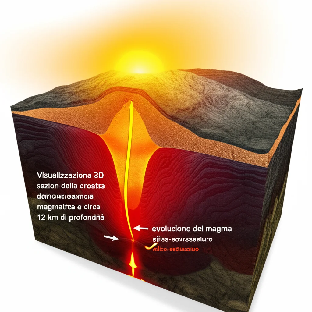 Visualizzazione 3D in sezione della crosta terrestre che mostra una camera magmatica a circa 12 km di profondità. Due frecce indicano l'evoluzione del magma: una verso l'alto che diventa gialla (silice-sovrassaturo), una che rimane più profonda e diventa rossa (silice-sottosaturo). Stile fotorealistico, dettagli geologici accurati, illuminazione che evidenzia il calore del magma. Wide-angle lens 15mm, sharp focus.