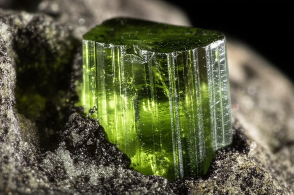 Fotografia macro di cristalli di clinopirosseno verde scuro e olivina verde più chiaro, affiancati su una matrice rocciosa. Illuminazione laterale controllata per esaltare le sfaccettature e le texture dei cristalli. Obiettivo macro 90mm, alta definizione, messa a fuoco selettiva sul contatto tra i due minerali.