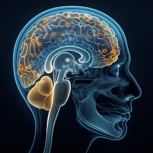 Illustrazione scientifica astratta del cervello umano con evidenziate le aree legate alla cognizione e le molecole di BDNF che interagiscono con i neuroni, stile fotorealistico con dettagli elevati, obiettivo macro 100mm, illuminazione drammatica che enfatizza le connessioni neurali, colori blu e oro duotone.