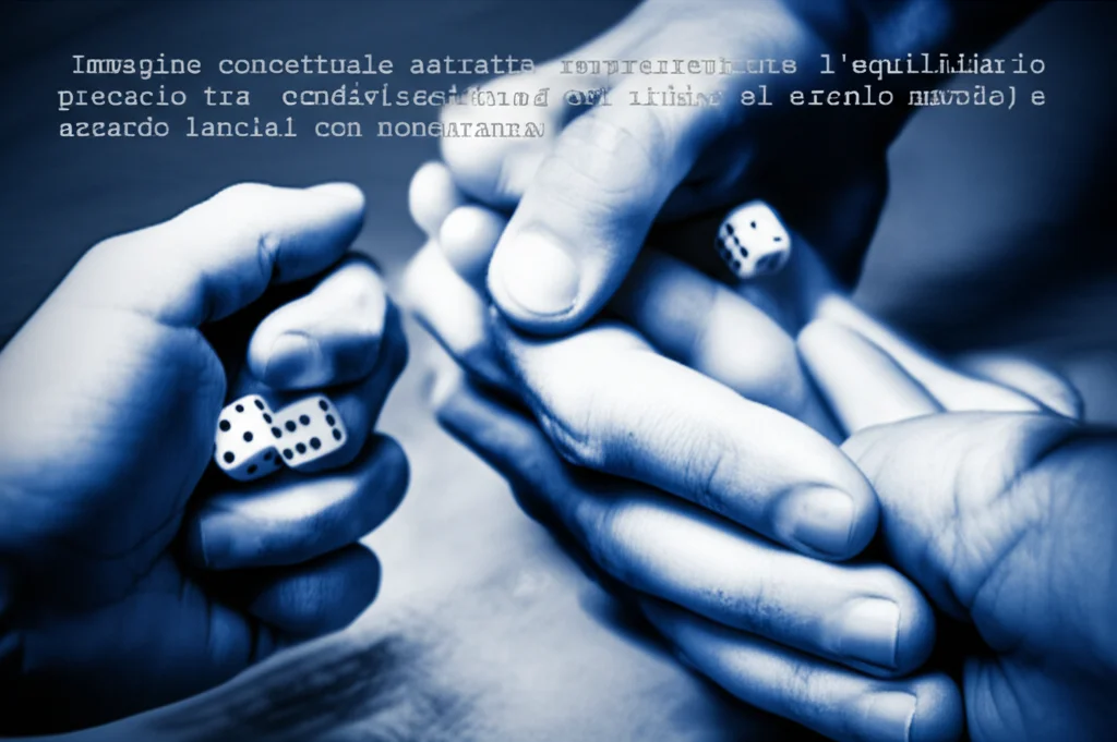 Immagine concettuale astratta rappresentante l'equilibrio precario tra condivisione del rischio (mani che si aiutano) e azzardo morale (dadi lanciati con noncuranza), stile duotone blu e grigio, 35mm, depth of field.