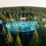 Immagine grandangolare di una foresta gestita in modo sostenibile, con un drone che sorvola gli alberi raccogliendo dati. In sovrimpressione, linee digitali e icone rappresentano il flusso di dati IoT e il monitoraggio del carbonio. Luce del mattino, obiettivo grandangolare 15mm, messa a fuoco nitida.