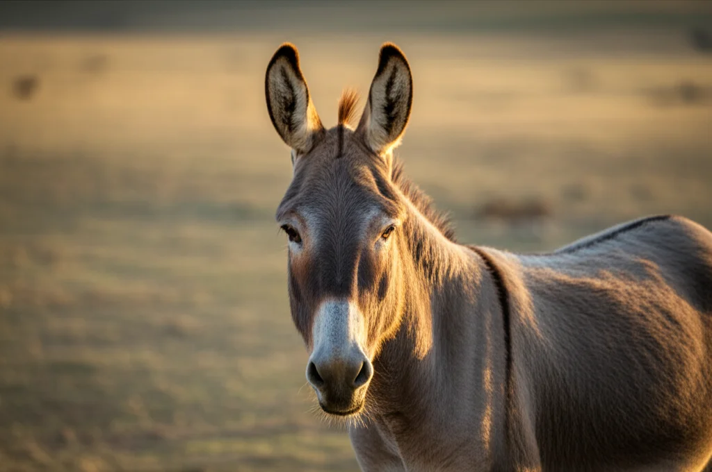 Magnifico esemplare adulto di Asino Grigio di Hetian in piedi in un paesaggio steppico dello Xinjiang, fotografia ritratto animale, obiettivo prime 85mm, luce dorata del tardo pomeriggio che accentua il mantello grigio, profondità di campo ridotta per isolare il soggetto, espressione calma e fiera, alta definizione dei dettagli.