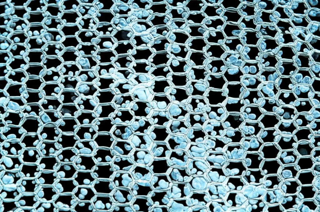 Primo piano estremo di fibre di carbonio intrecciate immerse in una matrice epossidica trasparente con nanoparticelle di ossido di grafene visibili, lente macro 105mm, alta definizione, illuminazione laterale drammatica per evidenziare la texture e l'interfaccia fibra-matrice.