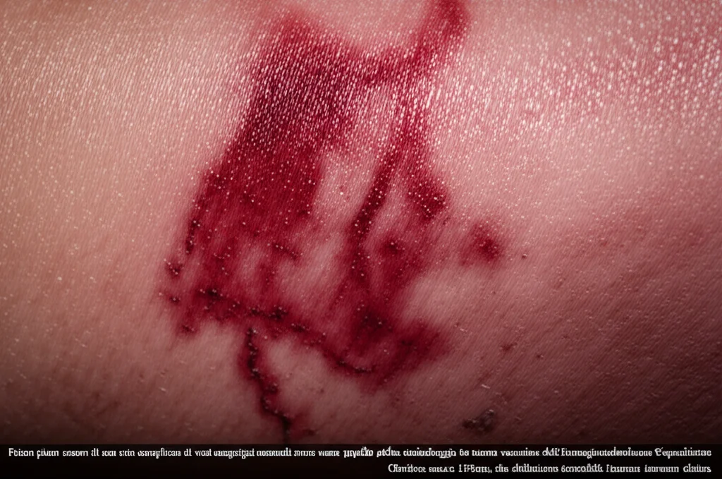 Primo piano macro di una rete complessa di vasi sanguigni anomali rosso scuro sotto la pelle, che simboleggia la natura vascolare dell'Emangioendotelioma Kaposiforme. Obiettivo macro 105mm, alta definizione, illuminazione drammatica ma clinica, texture della pelle visibile.