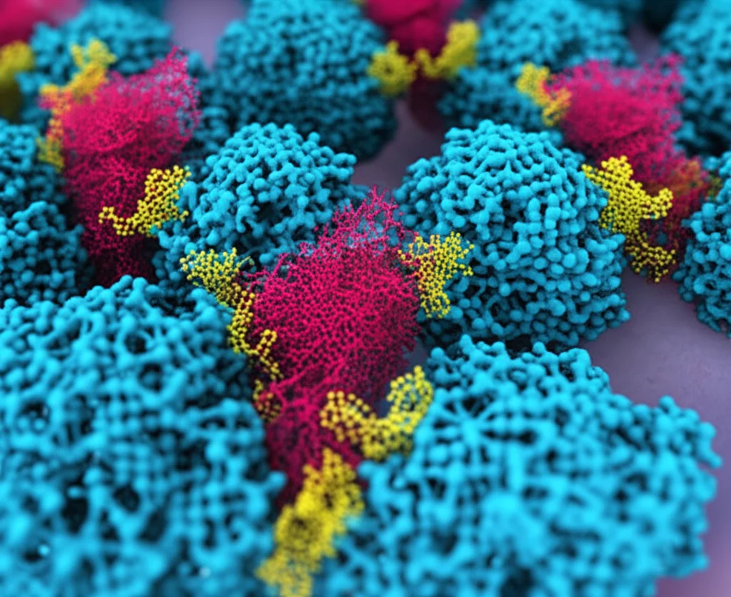 Visualizzazione 3D fotorealistica a livello molecolare della proteina MARCH8 (struttura complessa blu) che lega e 'etichetta' con ubiquitina (piccole sfere gialle K33-linked) le proteine VP1, VP2, VP3 del virus dell'afta epizootica (strutture rosse aggregate) all'interno di una cellula animale. Effetto profondità di campo, illuminazione da laboratorio scientifico, dettaglio molecolare elevato, prime lens 35mm, sfondo citoplasmatico sfocato.