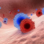 Visualizzazione 3D stilizzata e fotorealistica del microambiente tumorale polmonare. In primo piano, cellule MDSC (rosse brillanti) interagiscono con cellule tumorali (grigie/viola) e linfociti T (blu spenti), suggerendo immunosoppressione. Lo sfondo mostra una rete vascolare e altre cellule stromali. Lente virtuale grandangolare 20mm, profondità di campo ridotta per focalizzare sull'interazione MDSC-T, illuminazione drammatica laterale che evidenzia le MDSC.