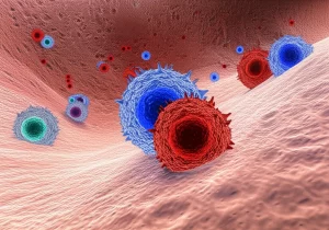 Visualizzazione 3D stilizzata e fotorealistica del microambiente tumorale polmonare. In primo piano, cellule MDSC (rosse brillanti) interagiscono con cellule tumorali (grigie/viola) e linfociti T (blu spenti), suggerendo immunosoppressione. Lo sfondo mostra una rete vascolare e altre cellule stromali. Lente virtuale grandangolare 20mm, profondità di campo ridotta per focalizzare sull'interazione MDSC-T, illuminazione drammatica laterale che evidenzia le MDSC.