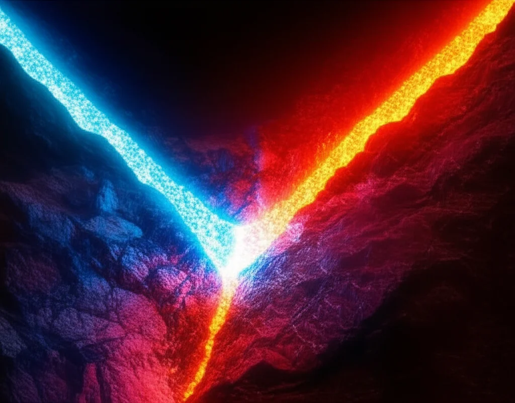 Visualizzazione artistica di un flusso di magma incandescente che si divide in due percorsi all'interno della crosta terrestre: uno porta a cristalli chiari simili al quarzo (sovrassaturo), l'altro a cristalli più scuri e ricchi di alcali come la nefelina (sottosaturo). Punto focale sul bivio. Stile fotorealistico con elementi astratti, illuminazione drammatica, colori intensi rosso/arancio e blu/viola per i due percorsi.