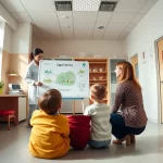 Fotografia grandangolare di un ambulatorio pediatrico svedese luminoso e accogliente, un'infermiera mostra il flipchart 'Saga Stories' a una mamma e al suo bambino di 5 anni seduti di fronte a lei, luce naturale, obiettivo grandangolare 24mm, messa a fuoco nitida.
