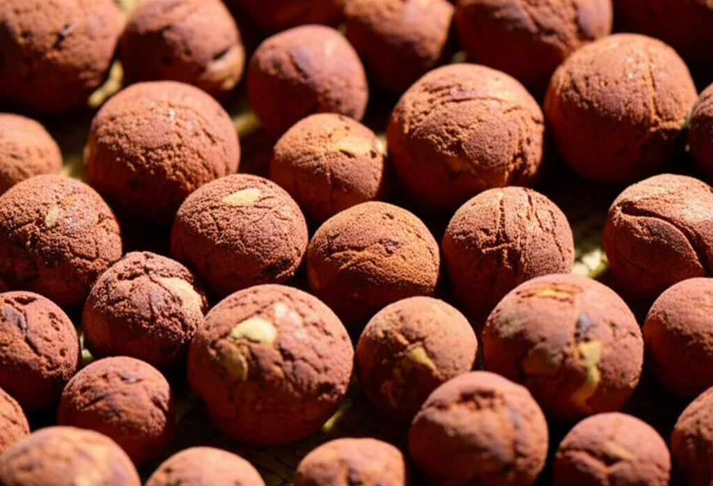 Fotografia still life con obiettivo macro 90mm, che mostra in primo piano le palline di argilla espansa leggera (LECA) prodotte con residui di foglie di cajeput, evidenziando la loro texture porosa rosso-mattone e la leggerezza, con illuminazione controllata per massimizzare i dettagli.