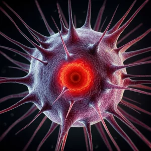 Macro lens, 105mm, high detail, precise focusing, controlled lighting, a stylized representation of a cancer cell aggressively consuming glucose, illustrating aerobic glycolysis.