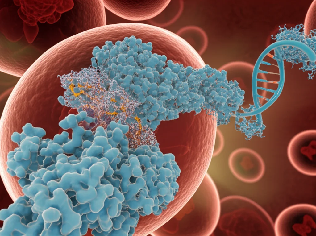 Illustrazione 3D fotorealistica che mostra la proteina Zbp1 (struttura molecolare complessa) che interagisce con un frammento di DNA mitocondriale (doppia elica) all'interno del citoplasma di una cellula. Sullo sfondo, mitocondri danneggiati. Illuminazione focalizzata sulla interazione, alto dettaglio molecolare, obiettivo virtuale macro.