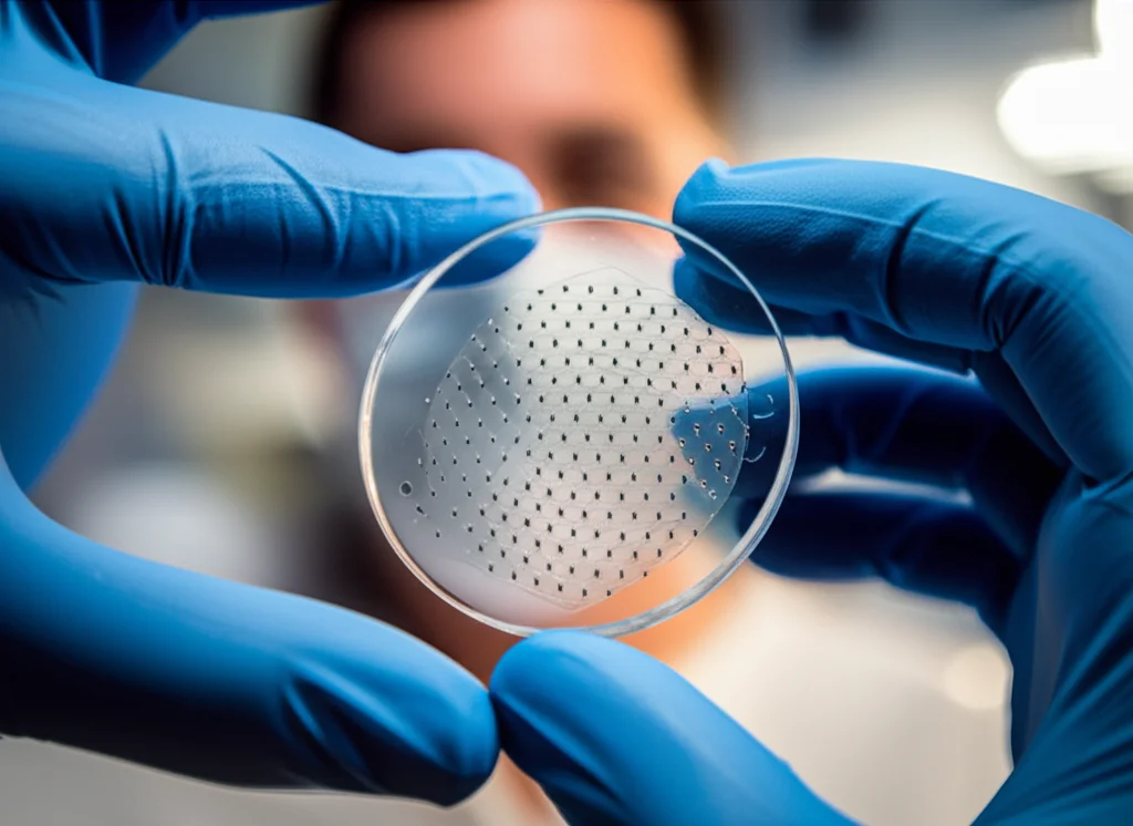 Fotografia macro di un cerotto a microaghi (MN patch) tenuto tra le dita guantate di un ricercatore. Gli aghi sono appena visibili sulla superficie del cerotto. Sfondo sfocato di un laboratorio. Obiettivo macro 100mm, alta definizione, illuminazione da studio controllata.