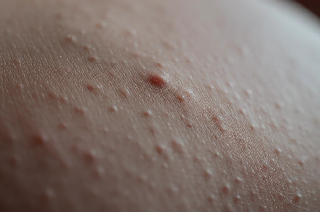 Lenti macro, 85 mm, primo piano dell'addome di un bambino con sottili punti purpurici rossi visibili sulla pelle, illuminazione morbida e diffusa che evidenzia la consistenza della pelle, profondità di campo superficiale.