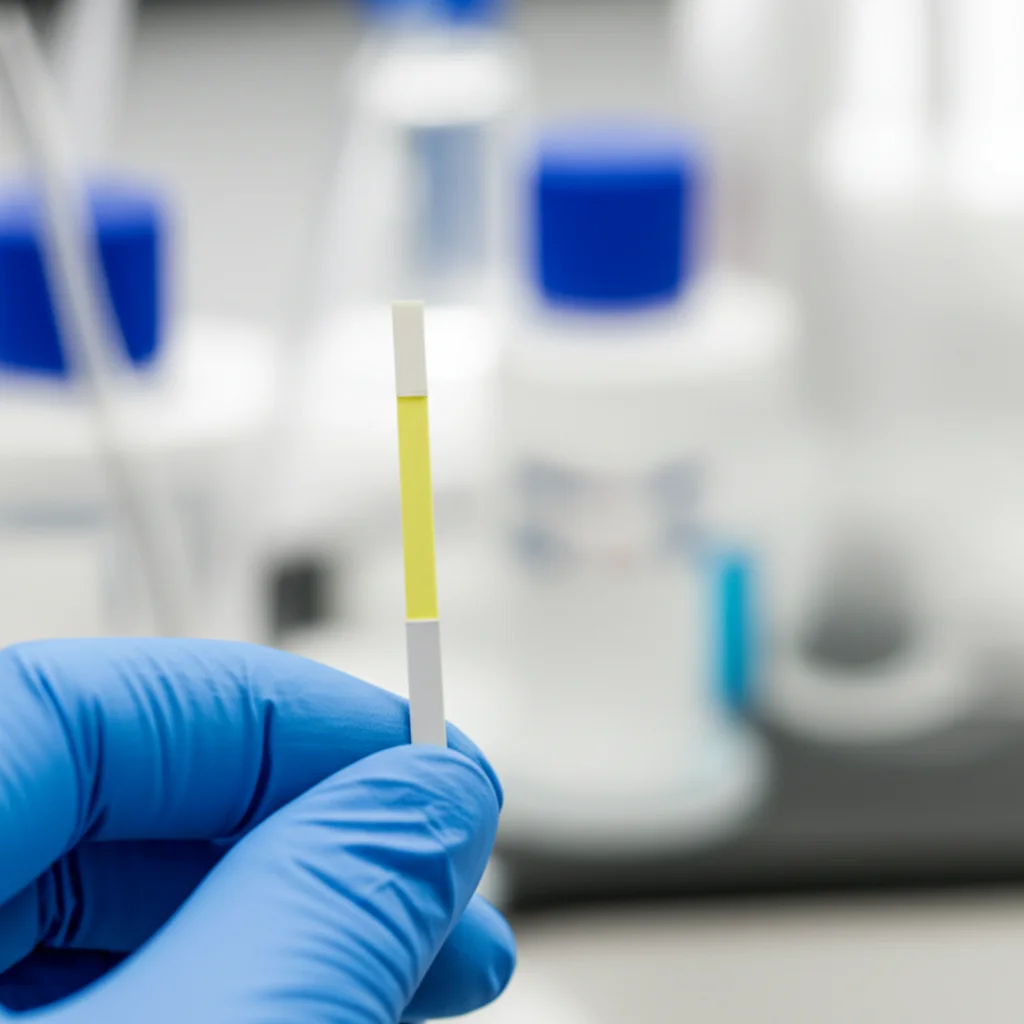 Impostazione di laboratorio medico, primo piano, lente macro 100mm, una striscia di prova delle urine che mostra risultati positivi per proteine e sangue su uno sfondo sfocato di apparecchiature di laboratorio, focalizzazione precisa, illuminazione clinica controllata.