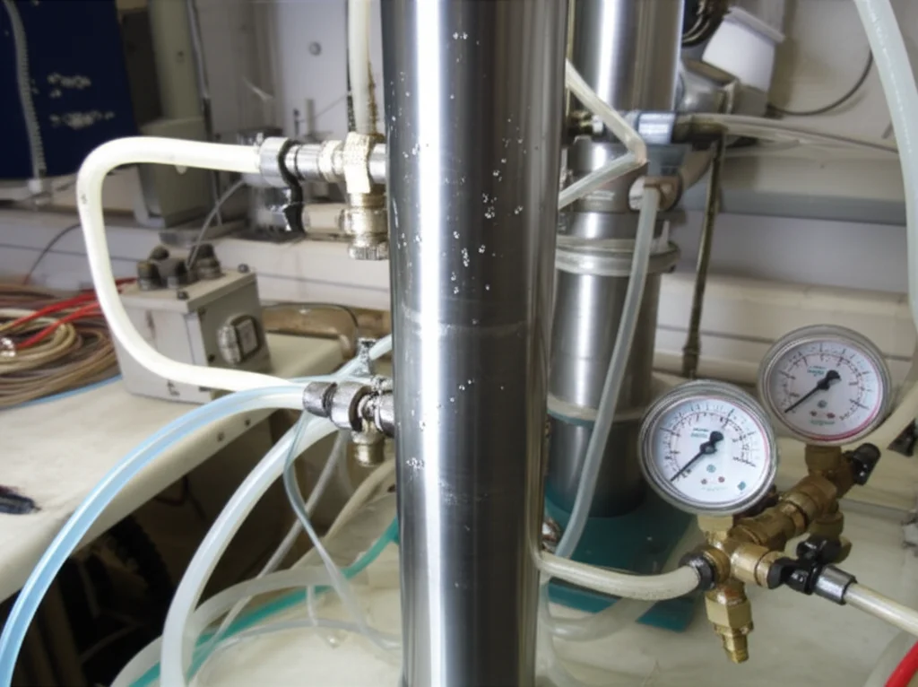 Primo piano di un apparato Schupack modificato in un laboratorio di ingegneria civile, con un cilindro metallico sotto pressione collegato a tubi e manometri. Luce controllata da laboratorio, obiettivo macro 90mm, alta definizione dei dettagli sulla superficie metallica e sulle gocce di acqua raccolte.