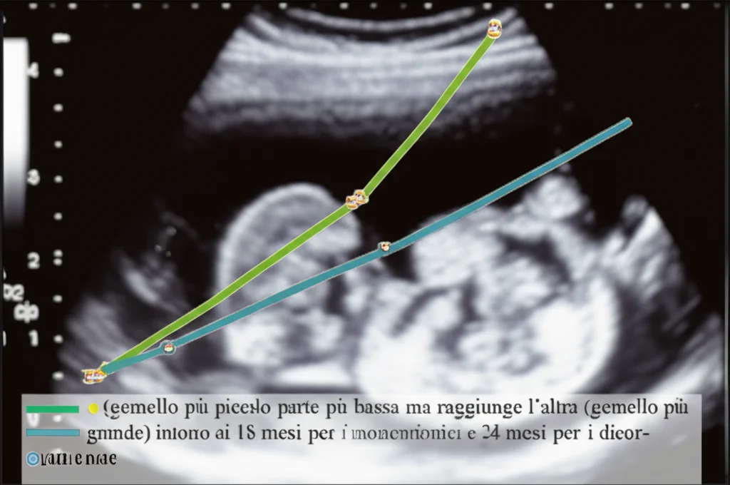 Grafico stilizzato che mostra due curve di crescita (peso z-score) su uno sfondo sfocato di un'ecografia gemellare; una curva (gemello più piccolo) parte più bassa ma raggiunge l'altra (gemello più grande) intorno ai 18 mesi per i monocorionici e 24 mesi per i dicorionici. Illuminazione morbida da studio, colori chiari.