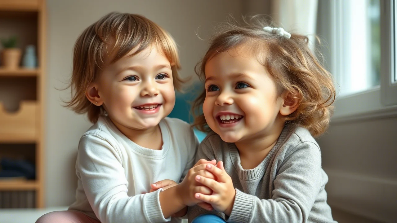 Ritratto delicato di due bambini gemelli di circa 3 anni che giocano insieme sorridendo, sembrano avere dimensioni simili. Luce naturale da finestra laterale, profondità di campo ridotta, obiettivo prime 50mm, atmosfera serena e positiva.