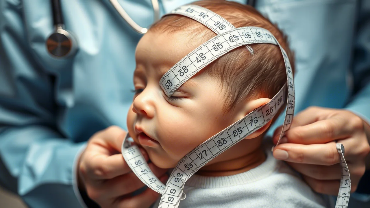 Fotografia macro di un centimetro da sarta avvolto delicatamente attorno alla testa di un neonato durante una misurazione pediatrica, mani del dottore visibili, illuminazione controllata, obiettivo macro 100mm, alta definizione dei dettagli.