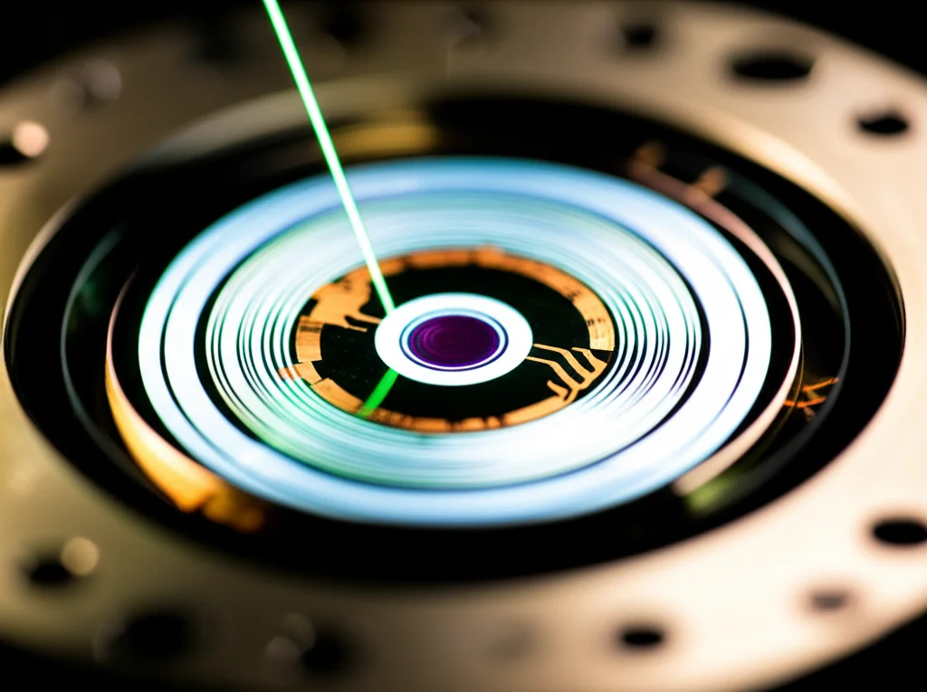 Fotografia macro di un chip fotonico in nitruro di silicio, con micro-risonatori a forma di anello visibili sulla superficie lucida. Un fascio di luce laser infrarossa entra nel chip da una fibra ottica posizionata lateralmente. Illuminazione da studio controllata che evidenzia i dettagli del chip, alta definizione, obiettivo macro 100mm, messa a fuoco precisa sull'anello centrale.