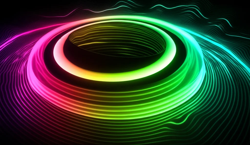 Visualizzazione artistica astratta di un'onda luminosa (es. infrarossa) che entra in una struttura circolare (micro-risonatore) e interagisce con un reticolo ondulato e in movimento (linee luminose che si spostano). L'onda uscente (es. verde) appare leggermente spostata cromaticamente per indicare l'effetto Doppler. Sfondo scuro, colori al neon vibranti, stile futuristico ma con dettagli fotorealistici delle onde luminose.