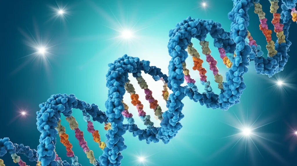 Visualizzazione 3D fotorealistica della proteina DSUP (struttura a nastro colorata) che avvolge e protegge un filamento di DNA (doppia elica) da particelle di radiazioni ionizzanti (raggi luminosi sfocati). Obiettivo macro 100mm, illuminazione scientifica controllata, alto dettaglio molecolare.
