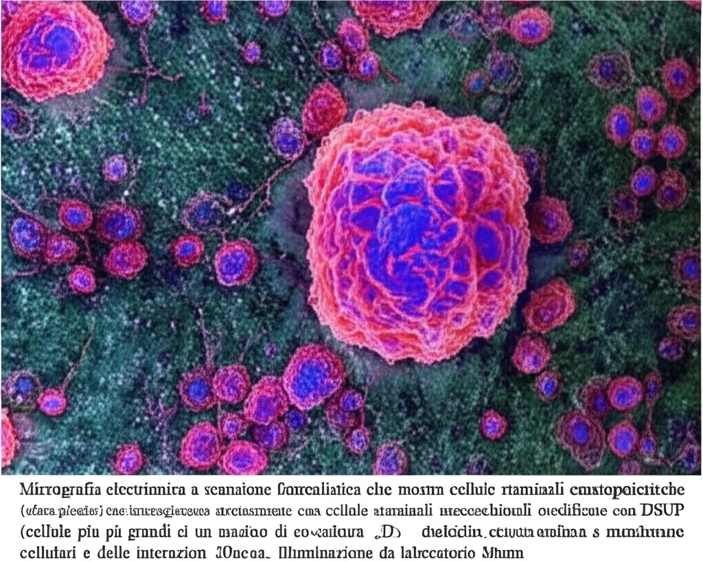 Micrografia elettronica a scansione fotorealistica che mostra cellule staminali ematopoietiche (sfere piccole) che interagiscono strettamente con cellule staminali mesenchimali modificate con DSUP (cellule più grandi e allungate) in un modello di co-coltura 3D. Alto dettaglio delle membrane cellulari e delle interazioni, obiettivo macro 80mm, illuminazione da laboratorio.