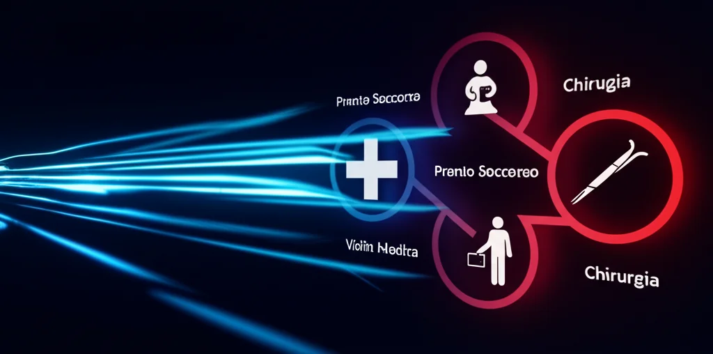 Fotografia grandangolare 24mm di diverse frecce luminose su sfondo scuro che puntano a icone stilizzate rappresentanti 'Pronto Soccorso', 'Visita Medica', 'Chirurgia', simboleggiando i diversi e talvolta confusi percorsi di cura per l'ernia del disco, profondità di campo, luce drammatica.