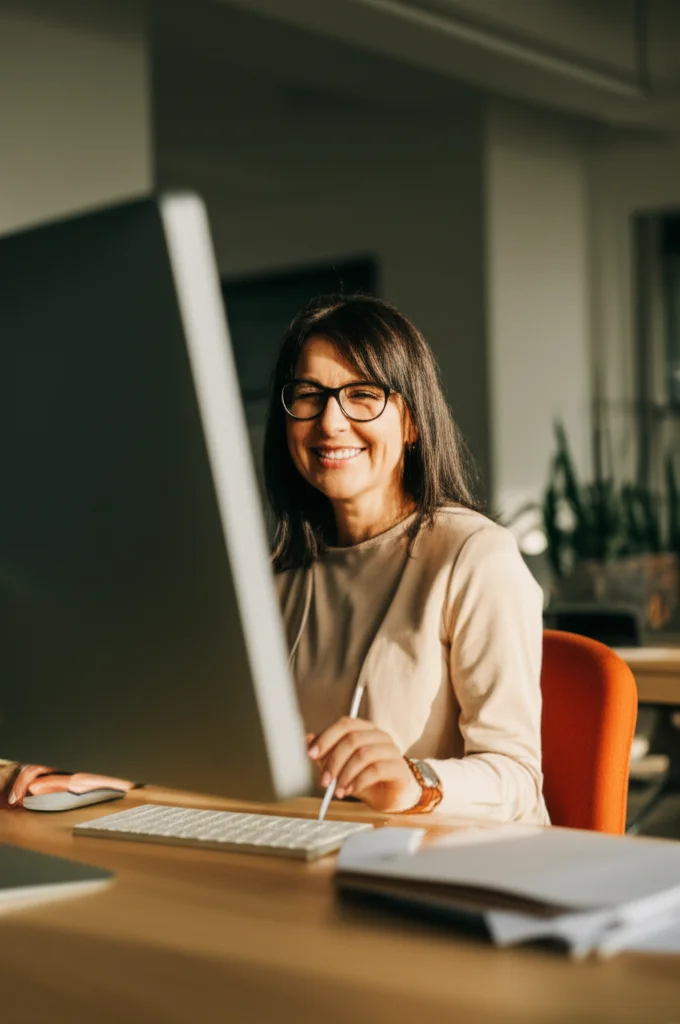 Ritratto ambientato di una donna di mezza età sorridente mentre si siede alla sua postazione di lavoro in un ufficio moderno e luminoso, lente 35mm, luce naturale morbida, colori caldi, profondità di campo che sfoca leggermente lo sfondo.